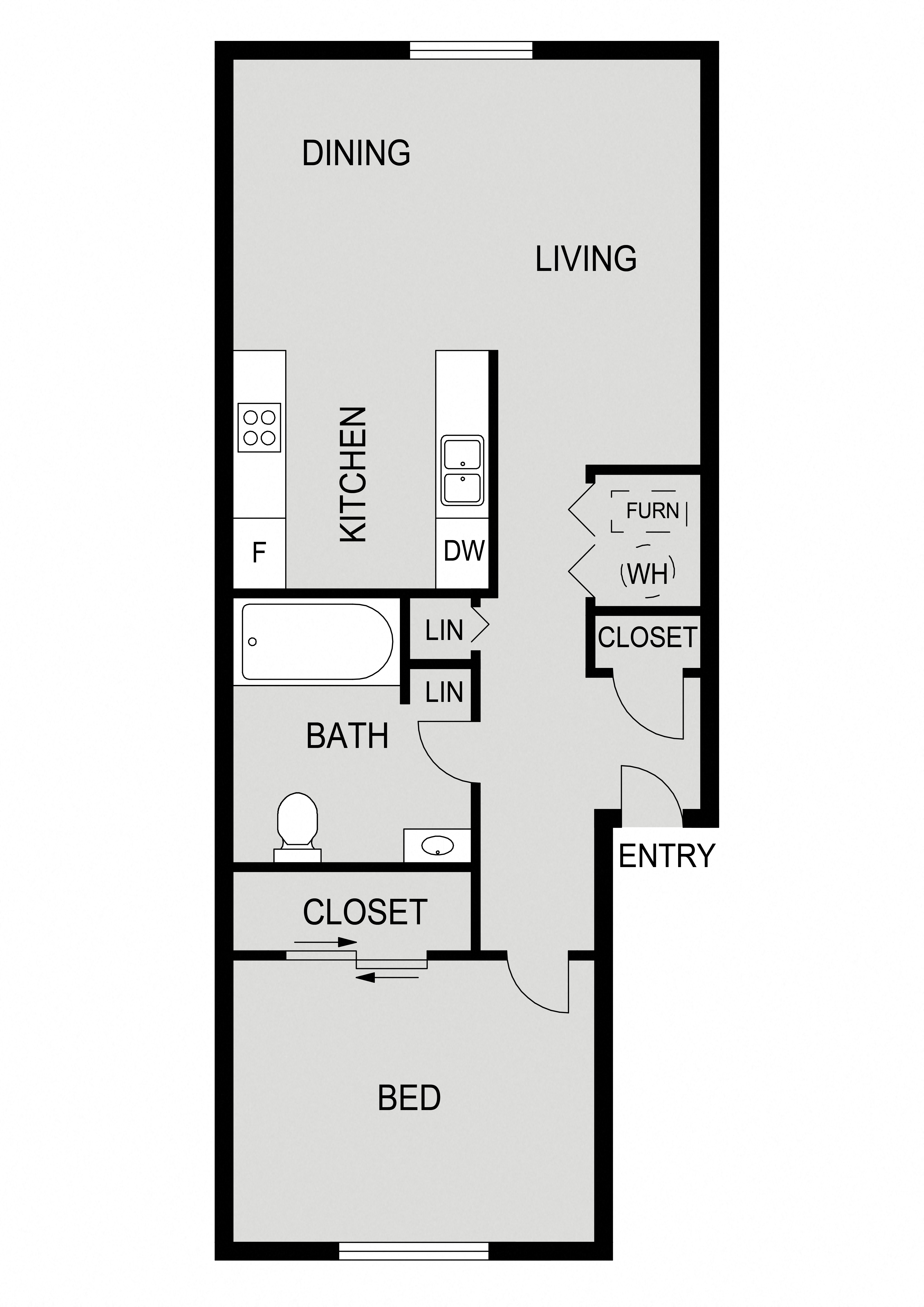 Floor plan for 1 bed, 1 bath, 582 sqft